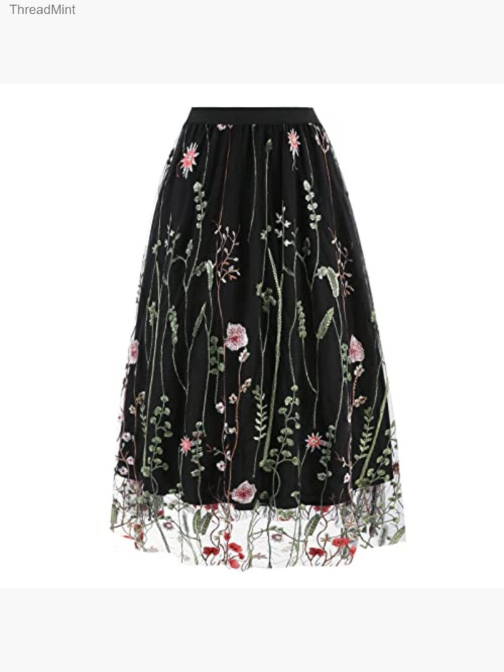 Vintage Floral Embroidered Tulle Midi Skirt Elastic High Waist A-line Swing - Picture 4 of 6